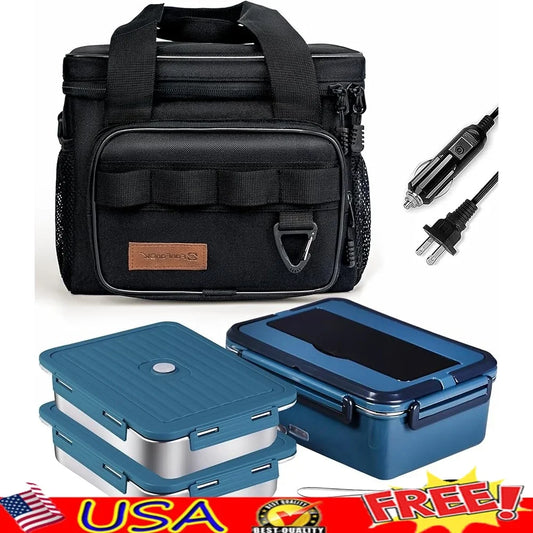 Electric Heated Lunch Box for Car & Truck (12V/24V) + Home/Office (110V) – 2 × 60oz Stainless Steel Containers + Insulated 8L Cooler Bag