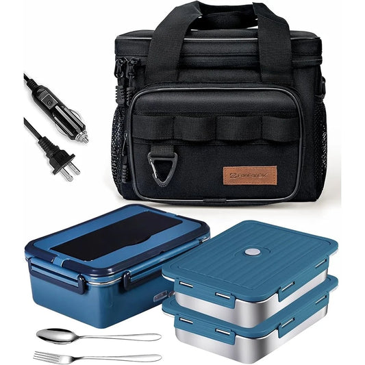 Electric Heated Lunch Box for Car & Truck (12V/24V) + Home/Office (110V) – 2 × 60oz Stainless Steel Containers + Insulated 8L Cooler Bag